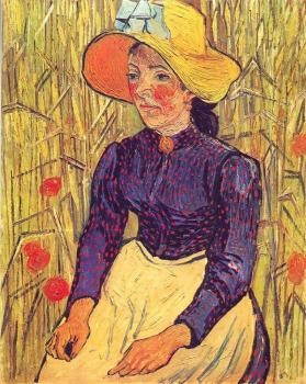 文森特 威廉 梵高 坐在麥田裡戴草帽的年輕辳婦
